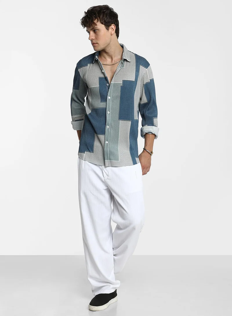 Campus Sutra Men's Cloud Grey & Lapis Blue Retro-Pleat Shirt