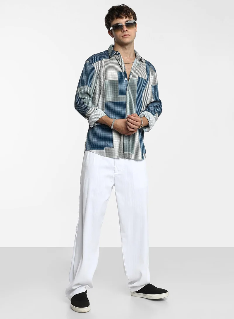 Campus Sutra Men's Cloud Grey & Lapis Blue Retro-Pleat Shirt