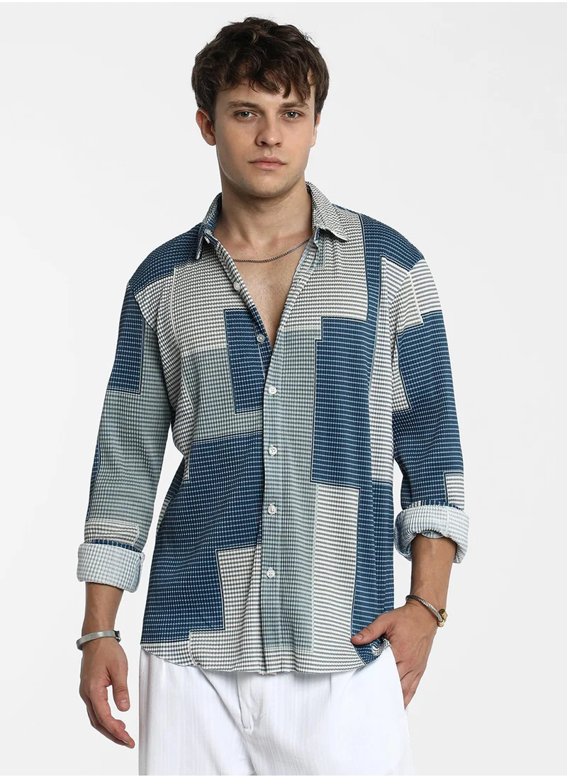 كامبوس سوترا Men's Cloud Grey & Lapis Blue Retro-Pleat Shirt