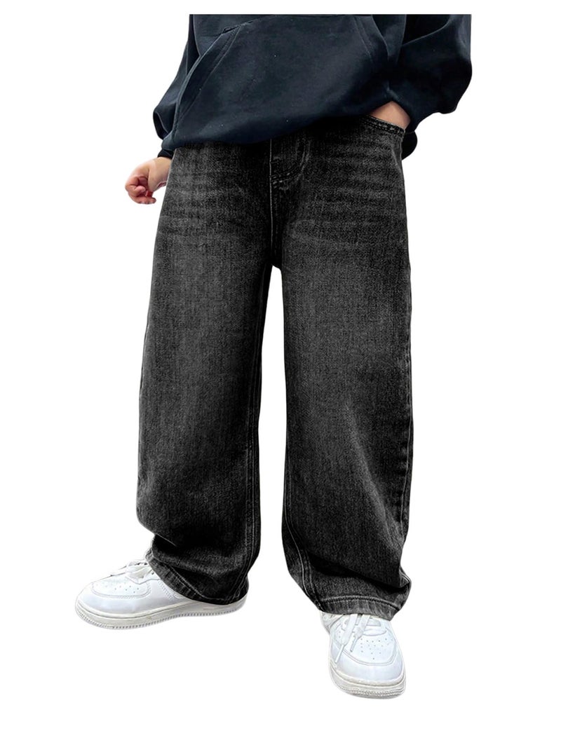 Verdusa Boys Jeans Baggy Straight Leg Elastic Waist Loose Denim Pants with Pockets Dark Black 14 Years - Image 1