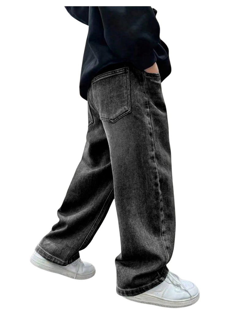 Verdusa Boys Jeans Baggy Straight Leg Elastic Waist Loose Denim Pants with Pockets Dark Black 14 Years - Image 4