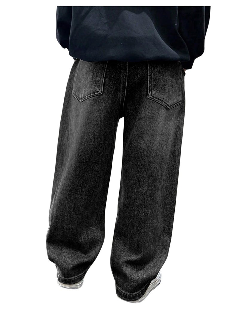 Verdusa Boys Jeans Baggy Straight Leg Elastic Waist Loose Denim Pants with Pockets Dark Black 14 Years - Image 2