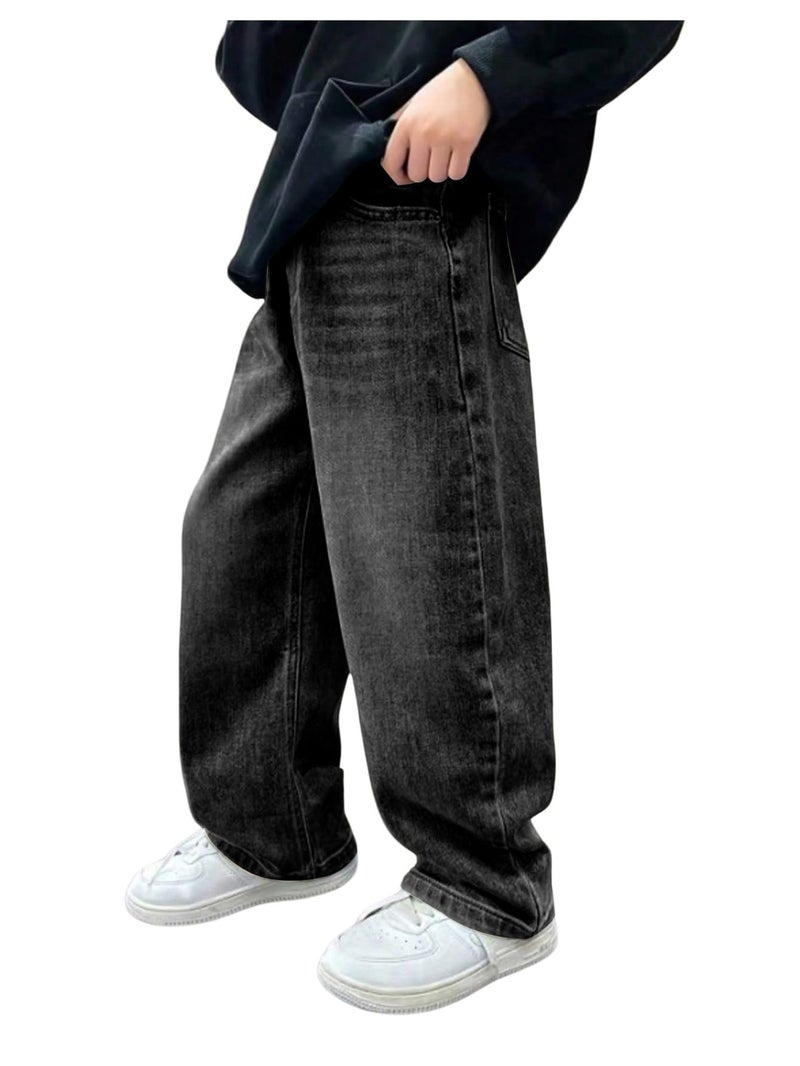 Verdusa Boys Jeans Baggy Straight Leg Elastic Waist Loose Denim Pants with Pockets Dark Black 14 Years - Image 5