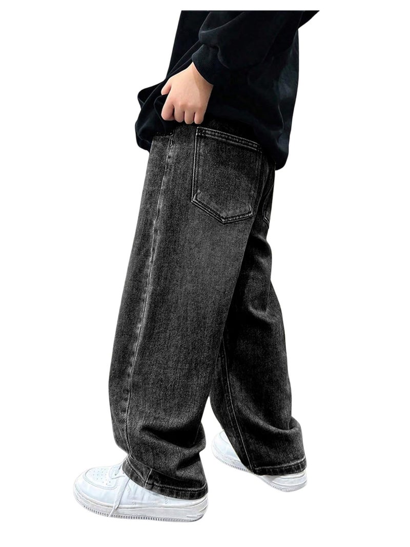 Verdusa Boys Jeans Baggy Straight Leg Elastic Waist Loose Denim Pants with Pockets Dark Black 14 Years - Image 3