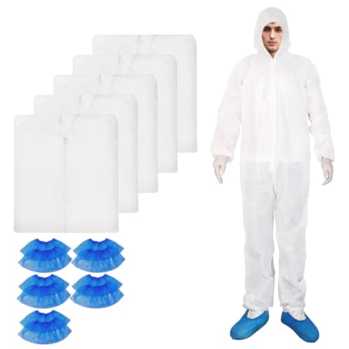 ETERNA Hazmat Suits- 5 Pack Disposable Protective Coveralls with Hood, Zipper, Elastic Wrists, Shoe Covers for Men & Women, Shield from Dirt, Dust, Paint (White, Large) - Image 1