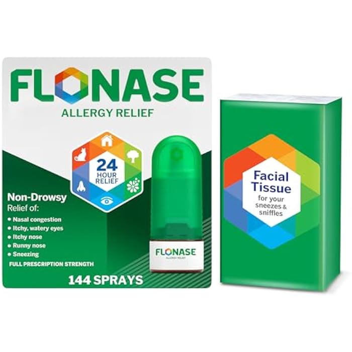 Flonase Nasal Spray for Allergy Relief, Tissues Included, 144 Sprays | Fluticasone Propionate Nasal Spray, Multi-Symptom Relief, 24-Hour Non-Drowsy Allergy Relief, Full Prescription Strength - Image 1