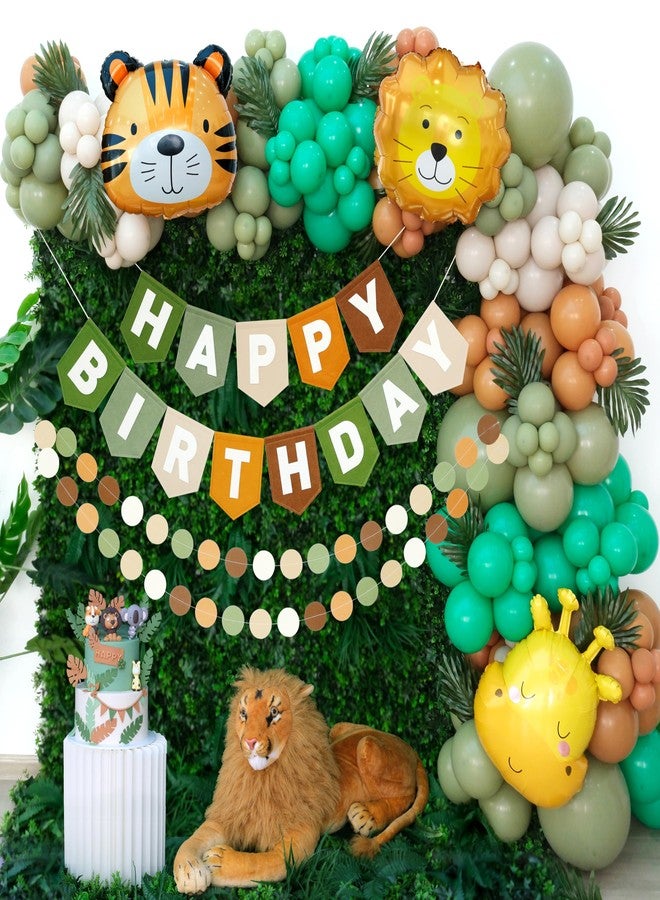 Ereniko Safari Balloon Arch Kit Happy Birthday Banner Felt Brown And Green Wild Animal Zoo Theme Sage Green And Brown Jungle For Baby Boys Party Decorations - Image 1
