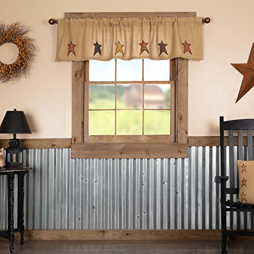 VHC Brands Stratton Primitive 16"x72" Stars Valance Tan Rod Pocket Appliqued Cotton Burlap Kitchen Window Curtains - Image 1