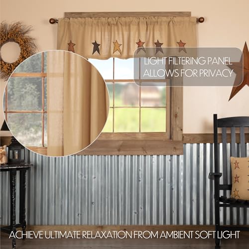 VHC Brands Stratton Primitive 16"x72" Stars Valance Tan Rod Pocket Appliqued Cotton Burlap Kitchen Window Curtains - Image 3
