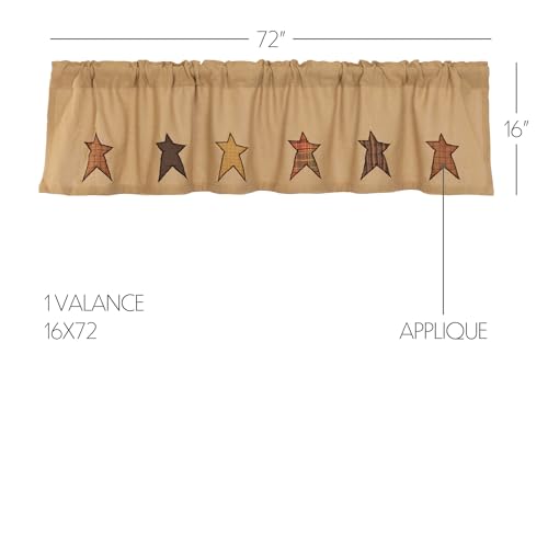 VHC Brands Stratton Primitive 16"x72" Stars Valance Tan Rod Pocket Appliqued Cotton Burlap Kitchen Window Curtains - Image 2