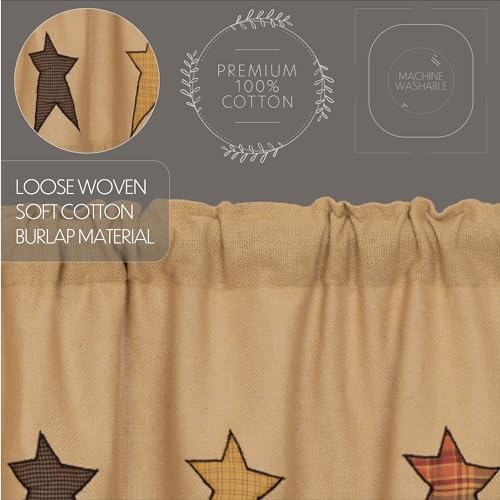 VHC Brands Stratton Primitive 16"x72" Stars Valance Tan Rod Pocket Appliqued Cotton Burlap Kitchen Window Curtains - Image 5