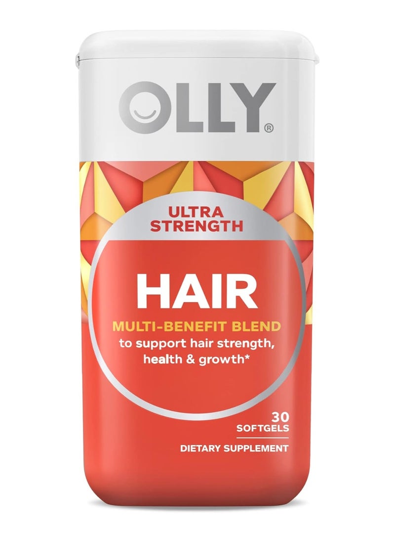 OLLY - Ultra Strength Hair Softgels, Supports Hair Health Biotin Keratin Vitamin D B12 Hair Supplement 30 Day Supply 30 Count (Packaging May Vary) - Image 1