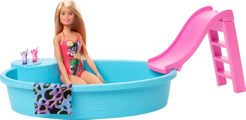 Barbie Doll, 11.5-Inch Blonde, and Pool Playset with Slide and Accessories, Gift for 3 to 7 Year Olds