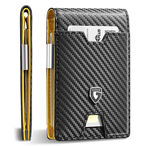 GSOIAX Men's Slim RFID Blocking Leather Wallet with Money Clip Minimalist Carbon Fiber Bifold Credit Card Holder 11 Card Slots Gift Box Included(Carbon Yellow) - Image 1