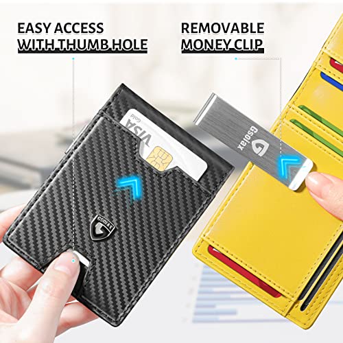 GSOIAX Men's Slim RFID Blocking Leather Wallet with Money Clip Minimalist Carbon Fiber Bifold Credit Card Holder 11 Card Slots Gift Box Included(Carbon Yellow) - Image 5