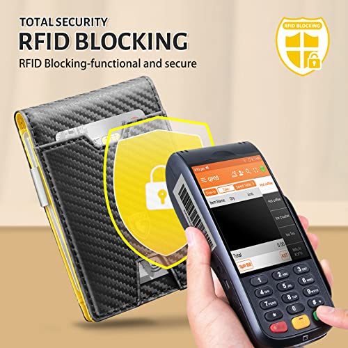 GSOIAX Men's Slim RFID Blocking Leather Wallet with Money Clip Minimalist Carbon Fiber Bifold Credit Card Holder 11 Card Slots Gift Box Included(Carbon Yellow) - Image 4