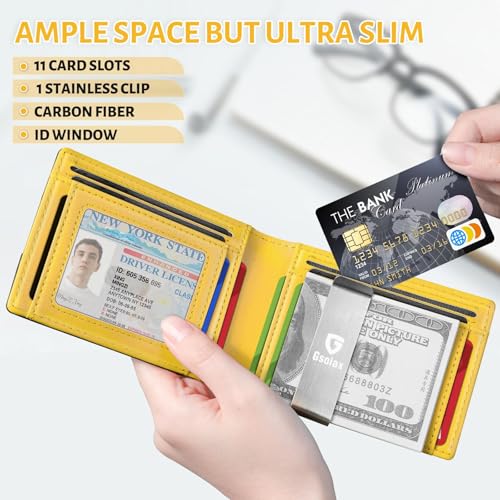 GSOIAX Men's Slim RFID Blocking Leather Wallet with Money Clip Minimalist Carbon Fiber Bifold Credit Card Holder 11 Card Slots Gift Box Included(Carbon Yellow) - Image 3