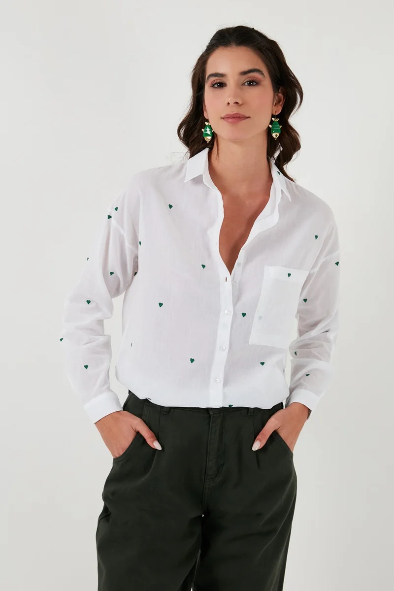 Lela Heart Embroidered 100% Cotton Pocket Regular Fit Shirt Women's Shirt 51430393