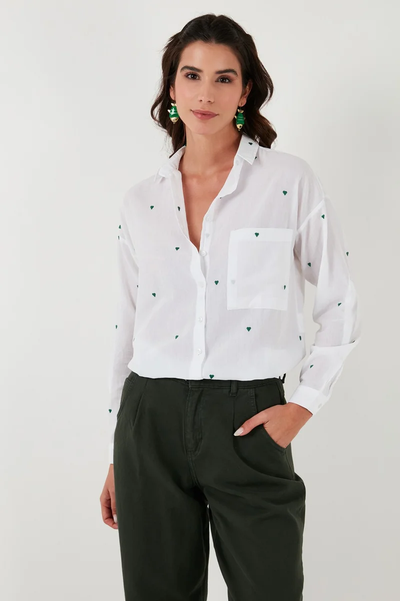Lela Heart Embroidered 100% Cotton Pocket Regular Fit Shirt Women's Shirt 51430393