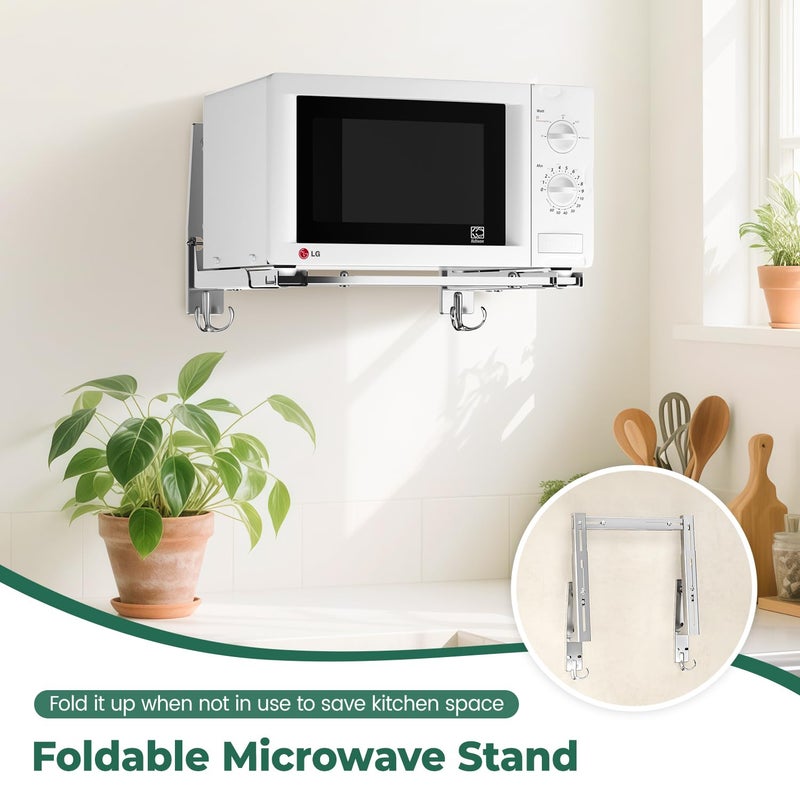 EsLuker.ly Universal Stainless Steel Microwave Oven Wall Mount Bracket with Removable Hooks, Arm Adjustable Foldable Kitchen Stretch Oven Stand Shelf Rack Load 100 lb, Silver - Image 3