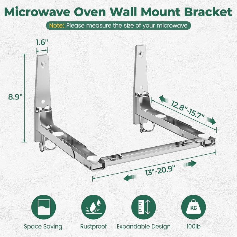EsLuker.ly Universal Stainless Steel Microwave Oven Wall Mount Bracket with Removable Hooks, Arm Adjustable Foldable Kitchen Stretch Oven Stand Shelf Rack Load 100 lb, Silver - Image 5