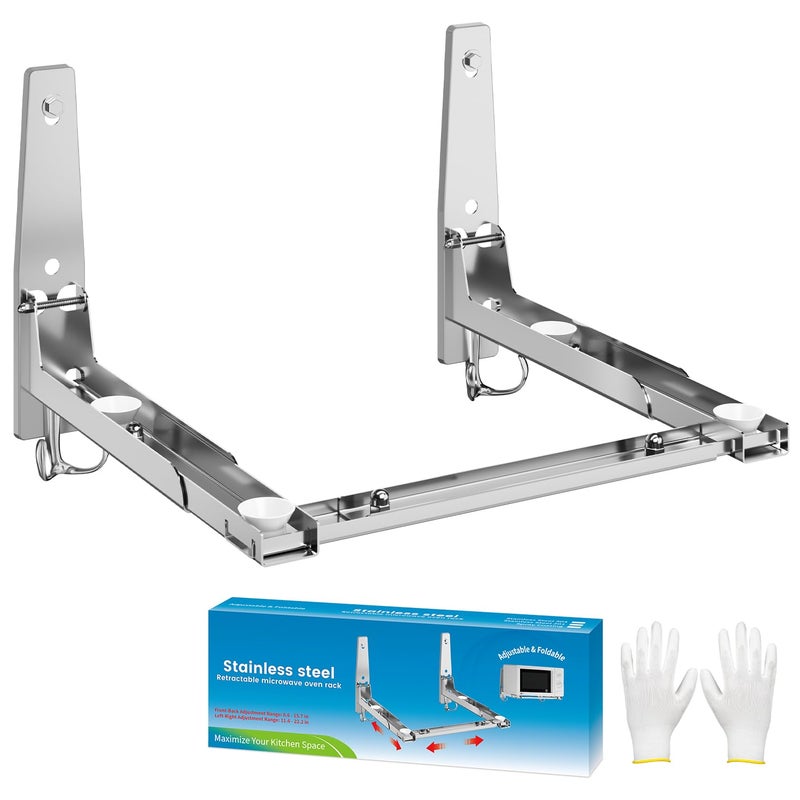 EsLuker.ly Universal Stainless Steel Microwave Oven Wall Mount Bracket with Removable Hooks, Arm Adjustable Foldable Kitchen Stretch Oven Stand Shelf Rack Load 100 lb, Silver - Image 1