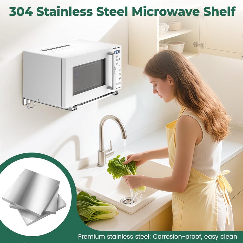 EsLuker.ly Universal Stainless Steel Microwave Oven Wall Mount Bracket with Removable Hooks, Arm Adjustable Foldable Kitchen Stretch Oven Stand Shelf Rack Load 100 lb, Silver - Image 2