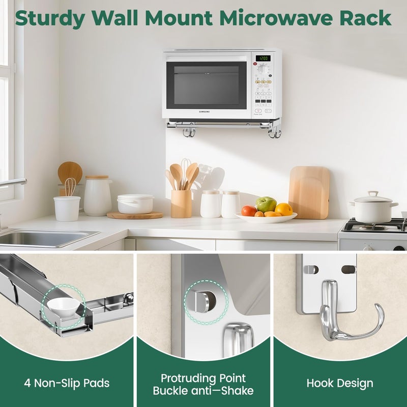 EsLuker.ly Universal Stainless Steel Microwave Oven Wall Mount Bracket with Removable Hooks, Arm Adjustable Foldable Kitchen Stretch Oven Stand Shelf Rack Load 100 lb, Silver - Image 4