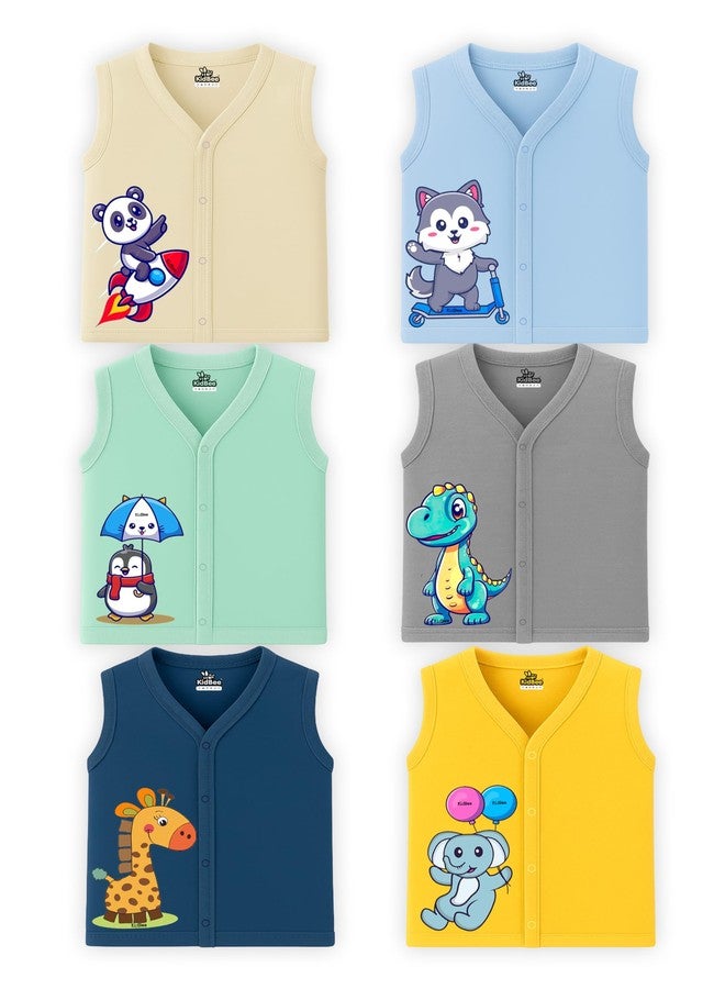 Kidbee Baby Sleeveless Front Open Jabla - Pack of 6 | Soft Cotton V-Neck Shirt with Cute Prints (in, Age, 18 Months, 24 Months, Regular, BS-JSL-Multi-6pc) - Image 1