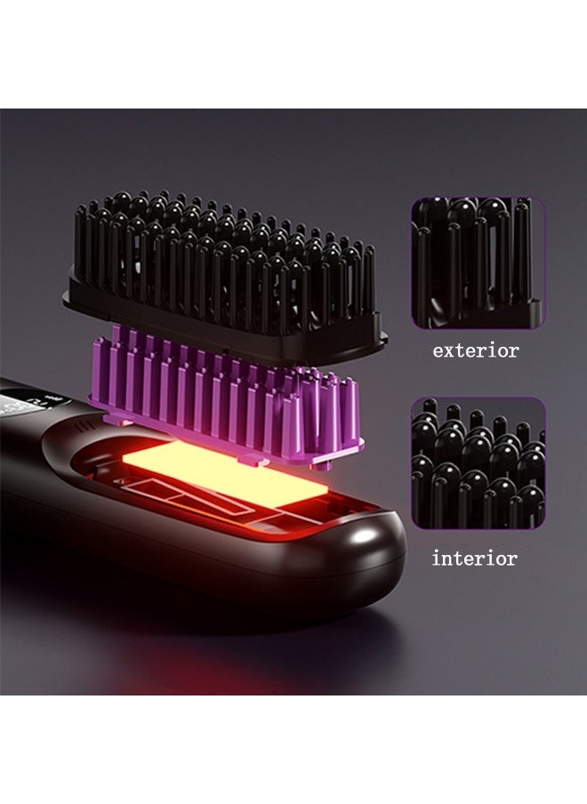 Cordless Hair Straightener Brush, USB Rechargeable 4000mAh Straightening Brush for Travel Mini Curling Iron for Short Hair Negative Ion Anti-Scald Hot Comb Flat Iron 3 Temp-Settings, Black