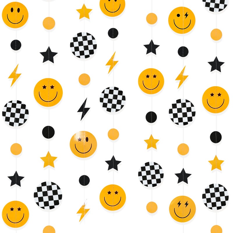 pinkblume One Happy Dude 1St Birthday Decorations Black Yellow Smile Face Lightning Star Checkered Circle Dot Smiley Face Garland Streamer For Baby Shower First Birthday Wedding Hippie Party Decoration Supplies - Image 1