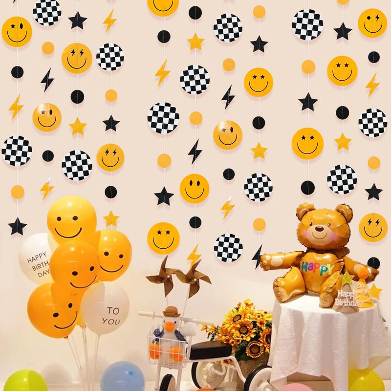 pinkblume One Happy Dude 1St Birthday Decorations Black Yellow Smile Face Lightning Star Checkered Circle Dot Smiley Face Garland Streamer For Baby Shower First Birthday Wedding Hippie Party Decoration Supplies - Image 5