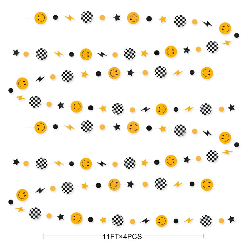 pinkblume One Happy Dude 1St Birthday Decorations Black Yellow Smile Face Lightning Star Checkered Circle Dot Smiley Face Garland Streamer For Baby Shower First Birthday Wedding Hippie Party Decoration Supplies - Image 2