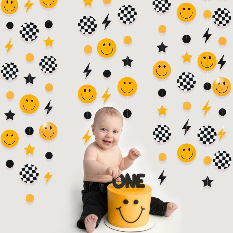 pinkblume One Happy Dude 1St Birthday Decorations Black Yellow Smile Face Lightning Star Checkered Circle Dot Smiley Face Garland Streamer For Baby Shower First Birthday Wedding Hippie Party Decoration Supplies - Image 4
