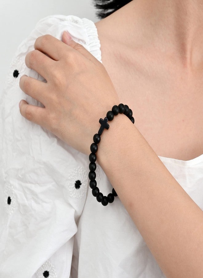 Softones 8mm Beads Cross Bracelets for Women Men Natural Stone Elastic Stretch Prayer Bracelet for Women Friendship Cross Gifts - Image 4
