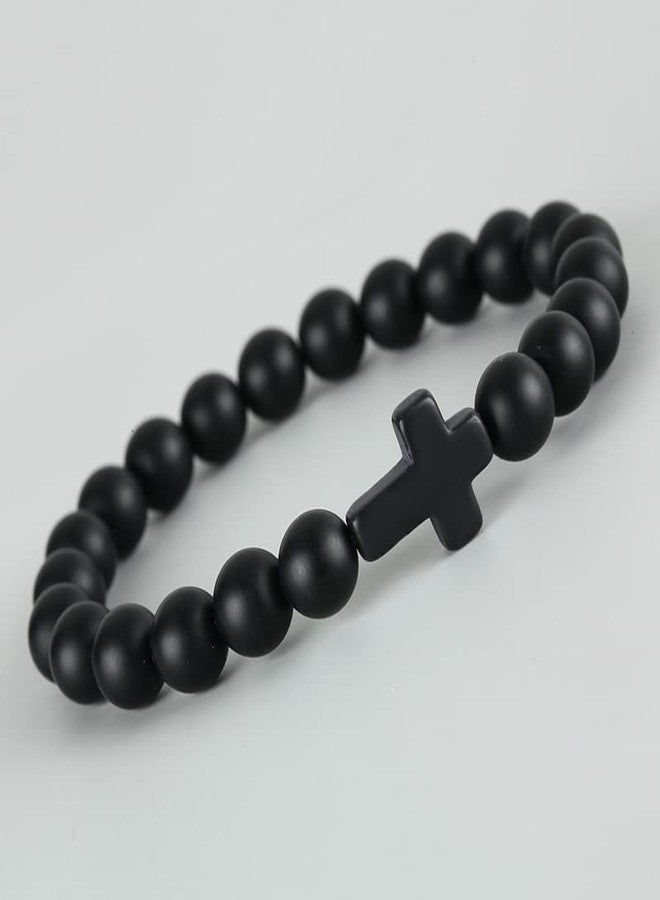 Softones 8mm Beads Cross Bracelets for Women Men Natural Stone Elastic Stretch Prayer Bracelet for Women Friendship Cross Gifts - Image 2