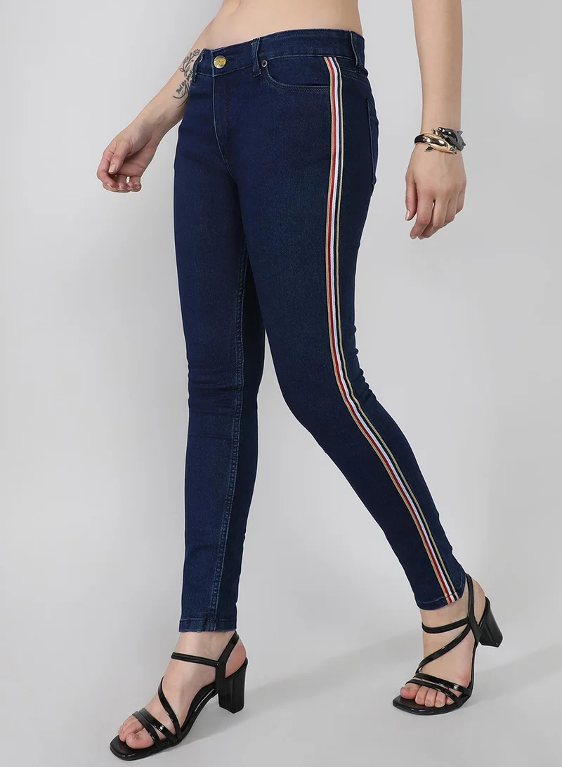 كامبوس سوترا Campus Sutra Women's Classic Dark Blue Dark-Washed Side-Striped Skinny Fit Denim Jeans | Stretchable Cotton Mid-Rise Crafted With Comfort Fit and High Performance For Everyday Wear