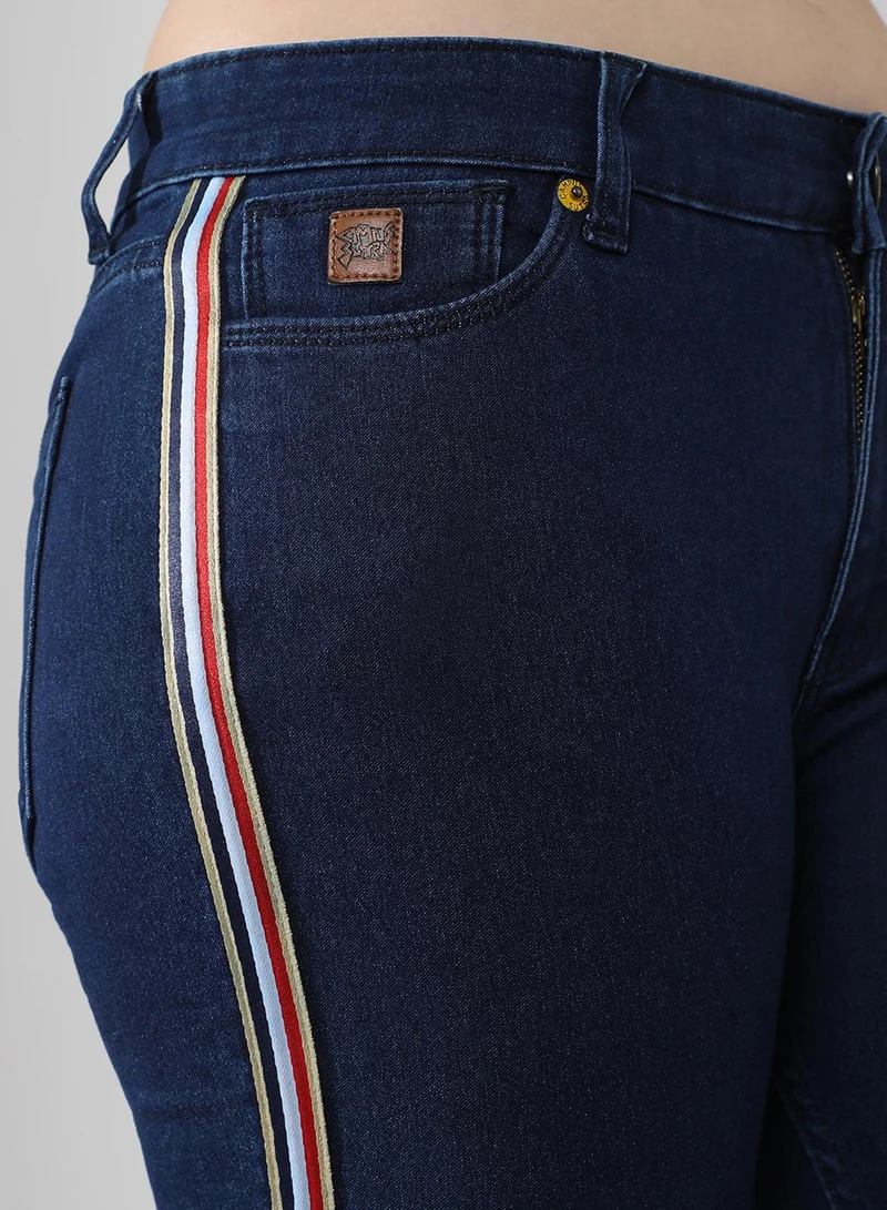 كامبوس سوترا Campus Sutra Women's Classic Dark Blue Dark-Washed Side-Striped Skinny Fit Denim Jeans | Stretchable Cotton Mid-Rise Crafted With Comfort Fit and High Performance For Everyday Wear