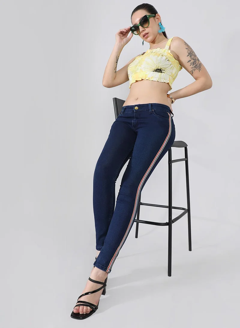 كامبوس سوترا Campus Sutra Women's Classic Dark Blue Dark-Washed Side-Striped Skinny Fit Denim Jeans | Stretchable Cotton Mid-Rise Crafted With Comfort Fit and High Performance For Everyday Wear