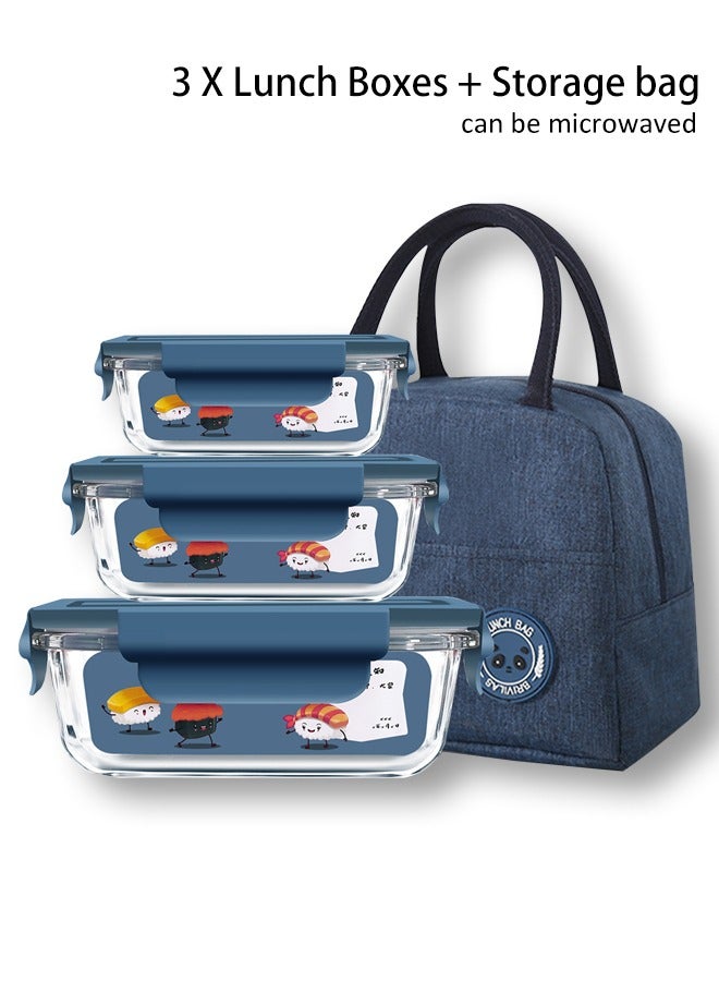 VOGMAX 3 Piece Microwaveable Glass Lunch Boxes Glass Bowls Microwave Heating High Borosilicate 1040ml, 680ml, 410ml with Storage Bag Borosilicate Glass blue - Image 1