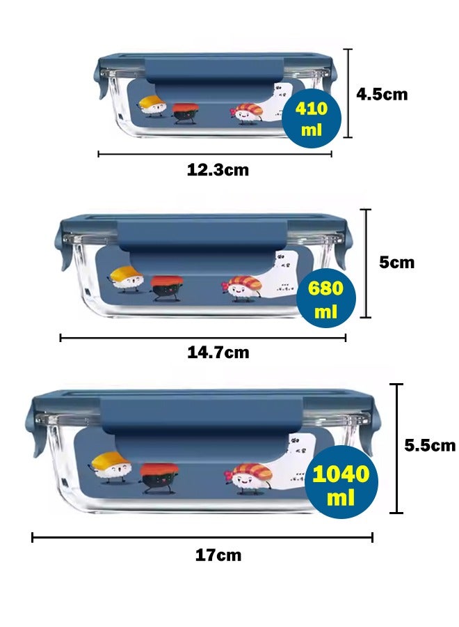 VOGMAX 3 Piece Microwaveable Glass Lunch Boxes Glass Bowls Microwave Heating High Borosilicate 1040ml, 680ml, 410ml with Storage Bag Borosilicate Glass blue - Image 2