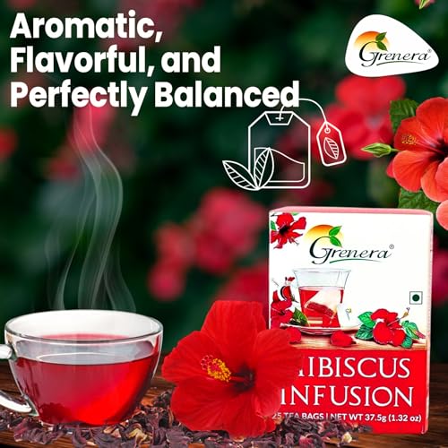 GRENERA Hibiscus Flower Tea - 25 Dips, Real Hibiscus Petals, Red Tea for Sugar & High Blood Pressure Control, Hair Growth, Caffeine Free - 37.5 Gram - Image 4