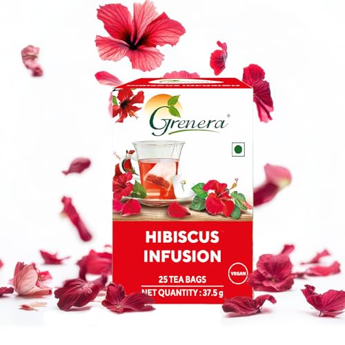 GRENERA Hibiscus Flower Tea - 25 Dips, Real Hibiscus Petals, Red Tea for Sugar & High Blood Pressure Control, Hair Growth, Caffeine Free - 37.5 Gram - Image 1