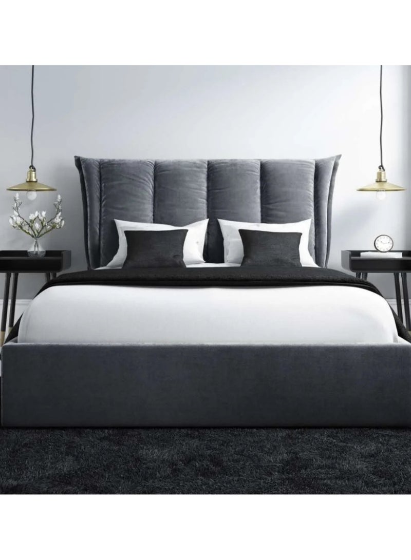 KUSTOMDECO Cloud Comfort Grey Velvet King Size Ottoman Bed With Cushioned Headboard - Customizable Design for UAE Bedrooms  - Image 1