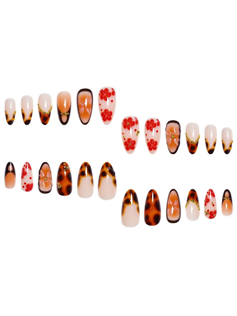 SEENEEY Almond Press on Nails Long Fake Nails Brown Artificial Nail with Tortoise shell and Gold Charm Designs Summer and Fall Cute Acrylic Press ons Red Flowers Handmade Nail 24pcs - Image 3