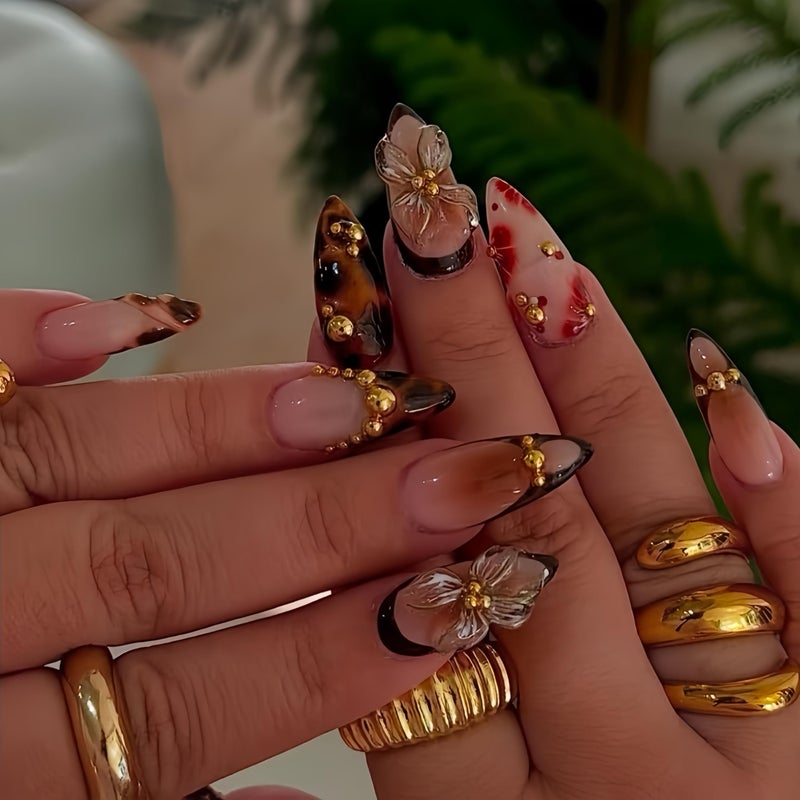 SEENEEY Almond Press on Nails Long Fake Nails Brown Artificial Nail with Tortoise shell and Gold Charm Designs Summer and Fall Cute Acrylic Press ons Red Flowers Handmade Nail 24pcs - Image 1