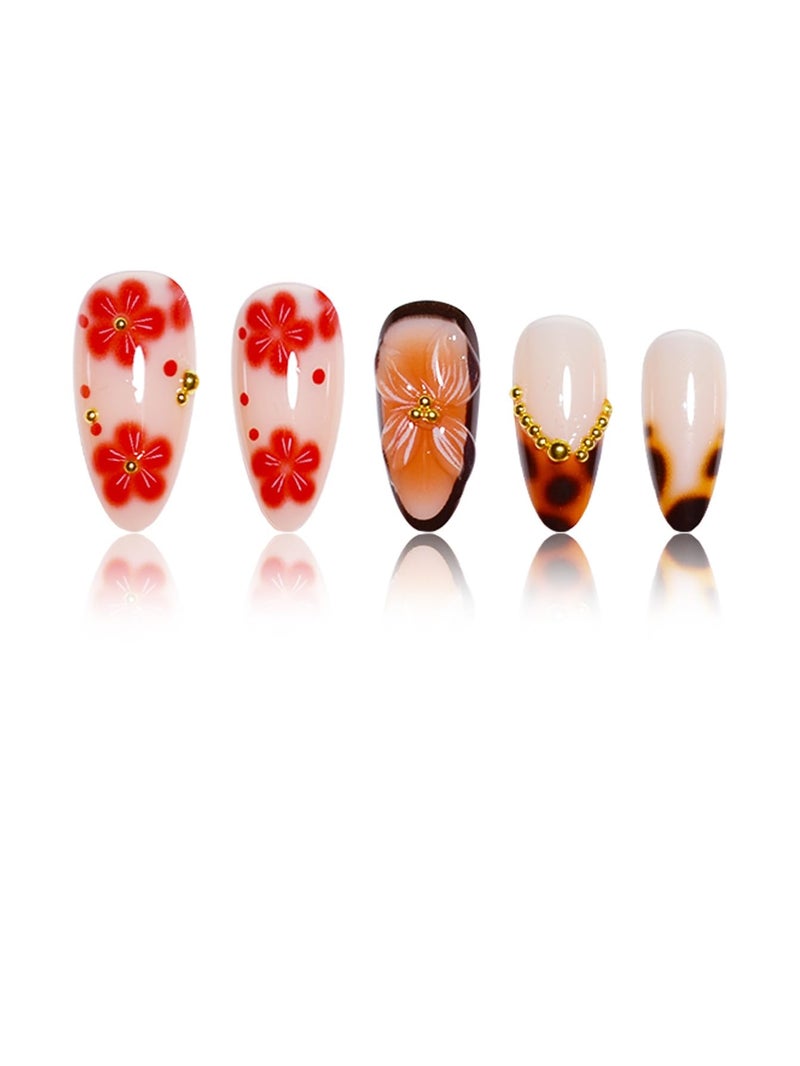 SEENEEY Almond Press on Nails Long Fake Nails Brown Artificial Nail with Tortoise shell and Gold Charm Designs Summer and Fall Cute Acrylic Press ons Red Flowers Handmade Nail 24pcs - Image 2