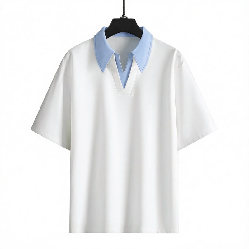 Mens Plus Size Casual Short Sleeve Polo Shirt with Contrast Color Fake Two-Layer Design - Image 1