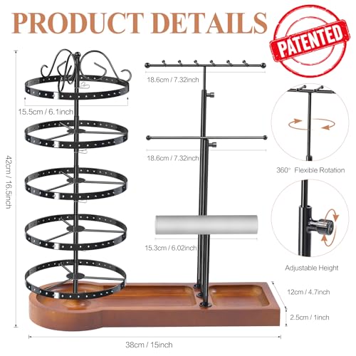 KALYLOC Jewelry Earring Holder Organizer Adjustable 5 Tiers Rotating Earring Holder 3 Tier Necklace Holder with Wooden Base MultiFunctional Jewelry Organizer Display Stand for Studs Bracelet Women - Image 3
