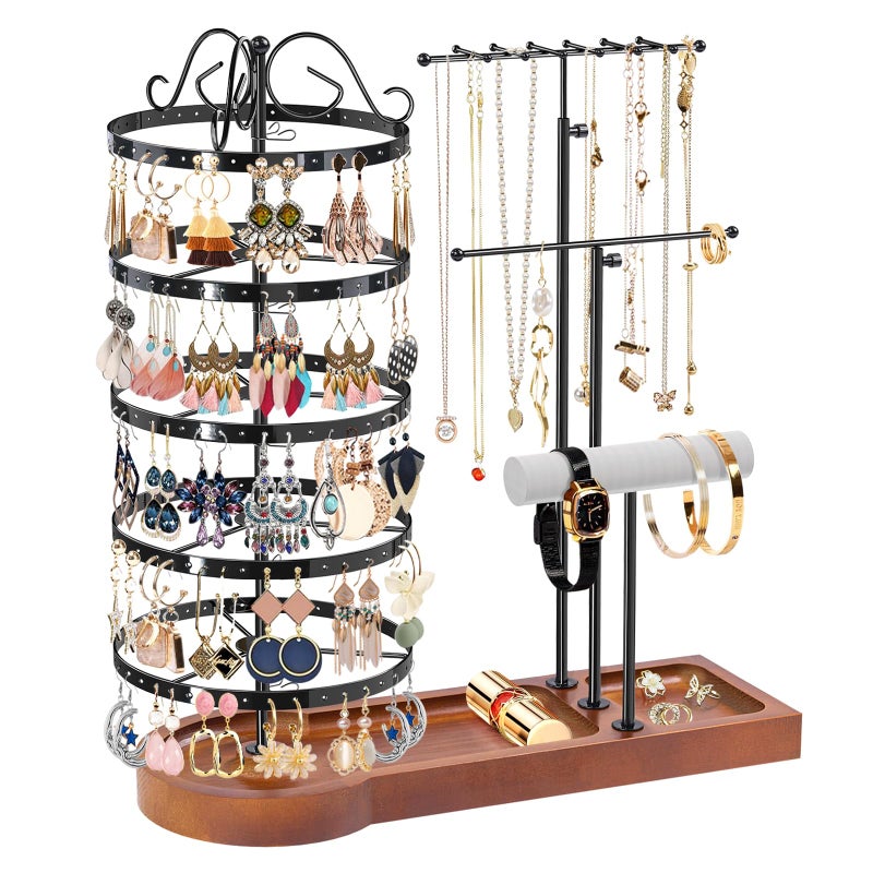 KALYLOC Jewelry Earring Holder Organizer Adjustable 5 Tiers Rotating Earring Holder 3 Tier Necklace Holder with Wooden Base MultiFunctional Jewelry Organizer Display Stand for Studs Bracelet Women - Image 2